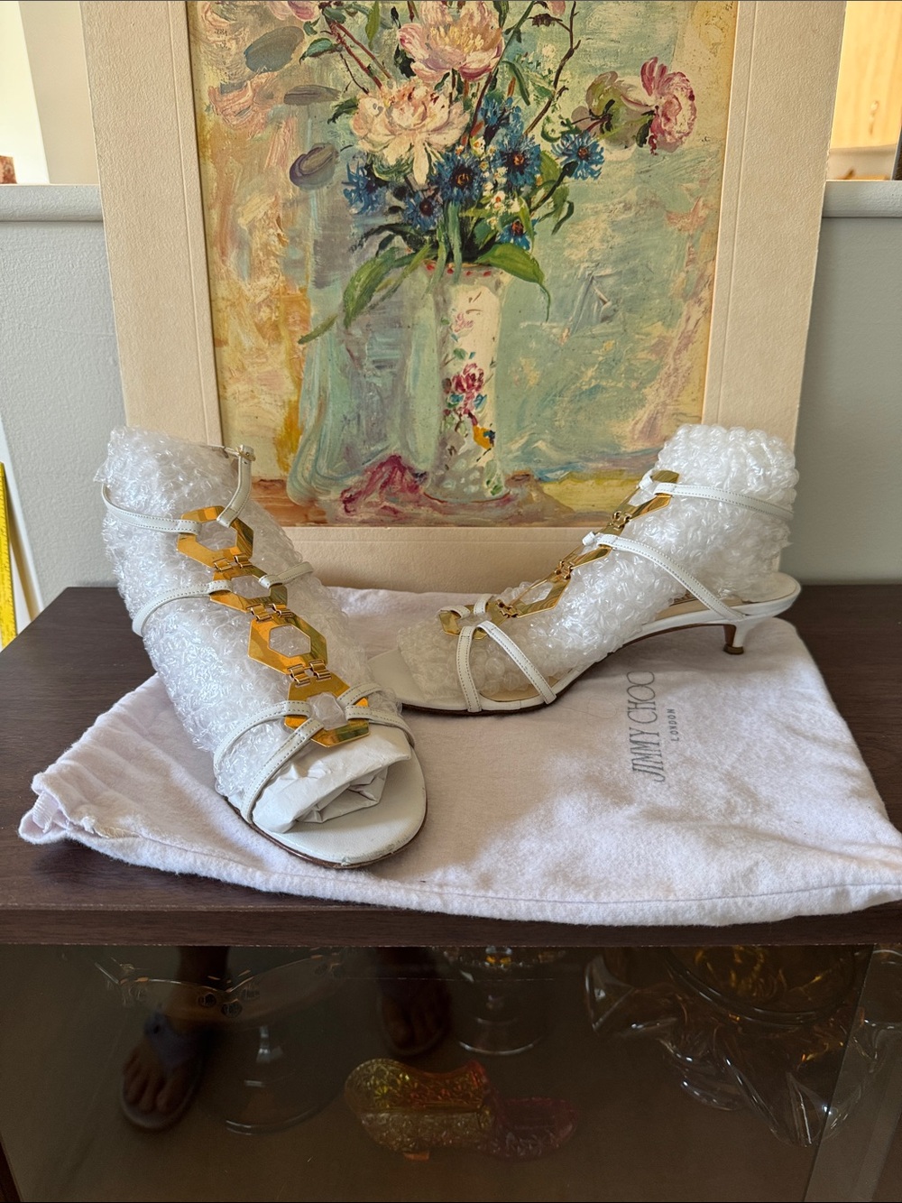 Jimmy Choo Vintage Wallace White Leather Chain Kitten Heel Sandals (38.5)